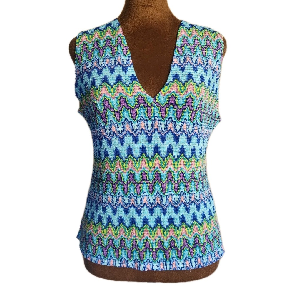 Kisca By Komarov Top Size L/XL Blue Colorful Zig Zag‎ Stretch V Neck Y2K